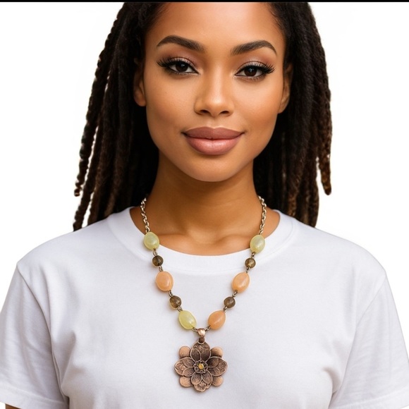 Vintage Necklace Copper Colored Flower w/ Beads On A Chain Bohemian Earthy - Picture 7 of 7